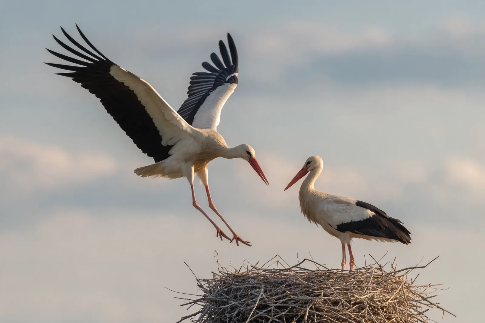 A stork landing on a familiar nest, its partner waiting there